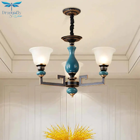 Blue - Black 3/5/6 Heads Pendulum Light Vintage Style Milky Glass Bell Shaped Hanging Chandelier