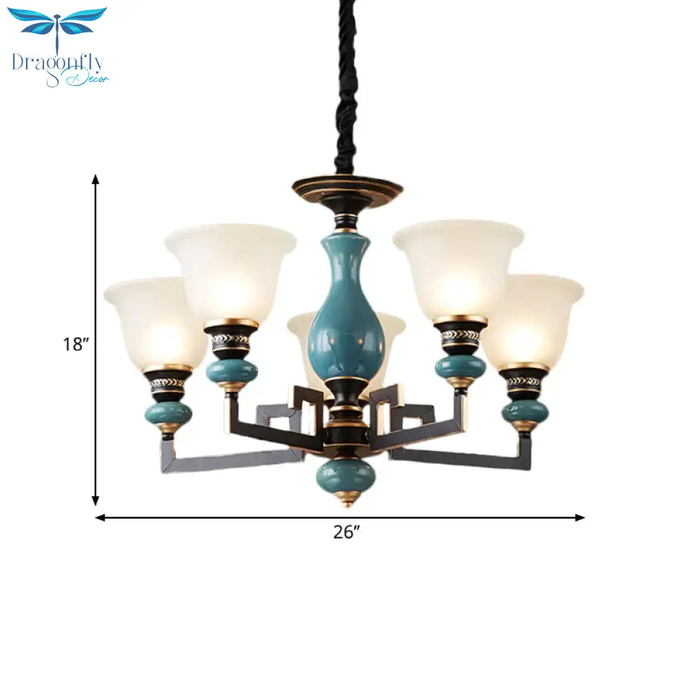Blue - Black 3/5/6 Heads Pendulum Light Vintage Style Milky Glass Bell Shaped Hanging Chandelier