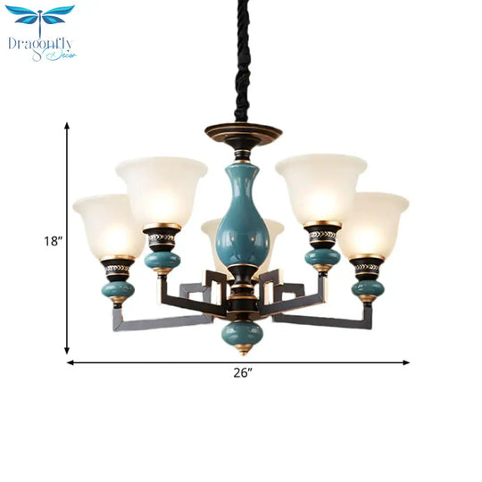 Blue - Black 3/5/6 Heads Pendulum Light Vintage Style Milky Glass Bell Shaped Hanging Chandelier