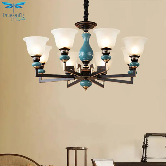 Blue - Black 3/5/6 Heads Pendulum Light Vintage Style Milky Glass Bell Shaped Hanging Chandelier