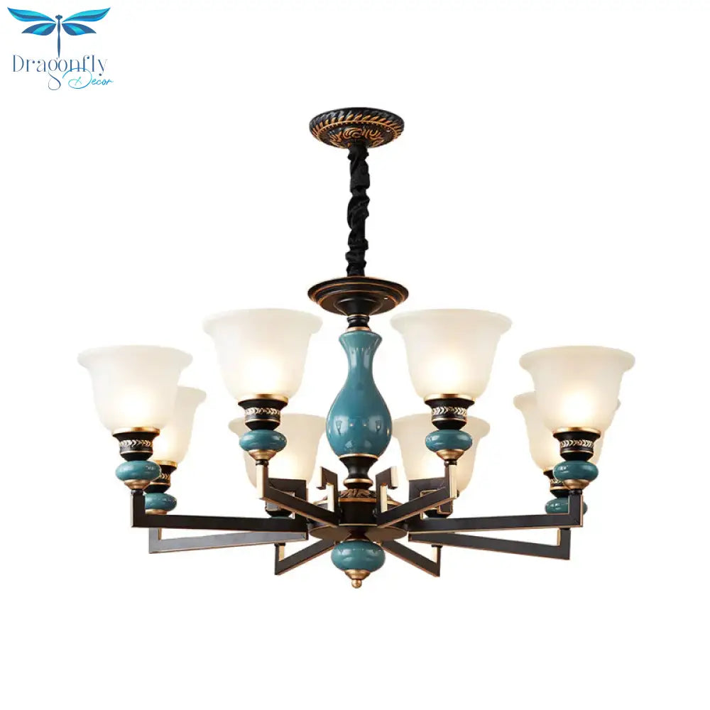 Blue - Black 3/5/6 Heads Pendulum Light Vintage Style Milky Glass Bell Shaped Hanging Chandelier