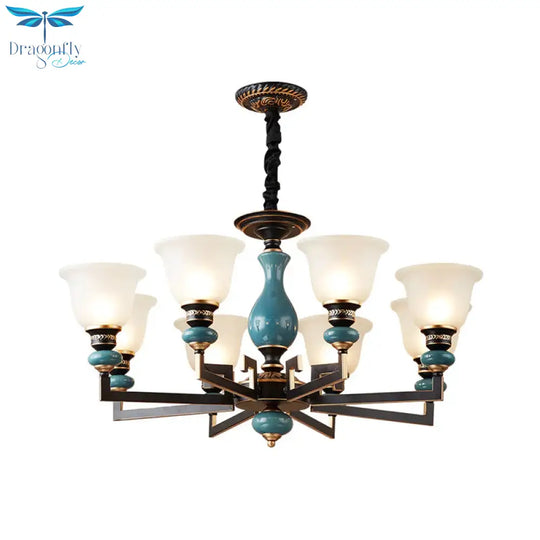 Blue - Black 3/5/6 Heads Pendulum Light Vintage Style Milky Glass Bell Shaped Hanging Chandelier