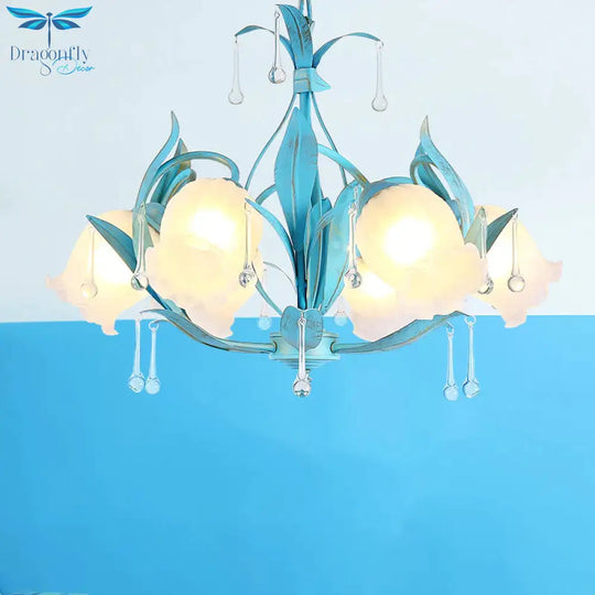 Blue Bloom Hanging Light Fixture Countryside White Prismatic Glass 3/6 Heads Restaurant Chandelier