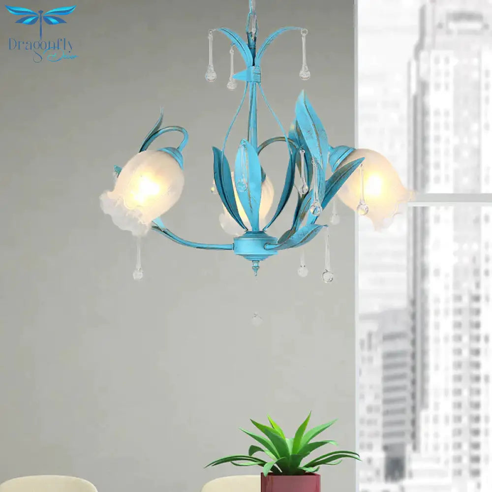 Blue Bloom Hanging Light Fixture Countryside White Prismatic Glass 3/6 Heads Restaurant Chandelier