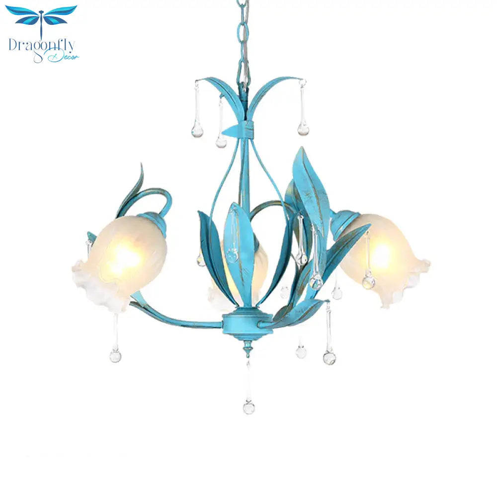 Blue Bloom Hanging Light Fixture Countryside White Prismatic Glass 3/6 Heads Restaurant Chandelier