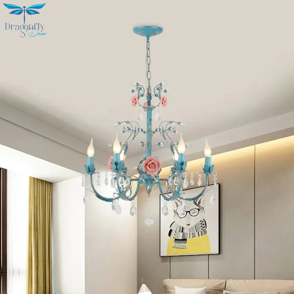 Blue Candelabra Ceiling Chandelier American Flower Iron 3/6 Heads Dining Room Pendant Light Fixture