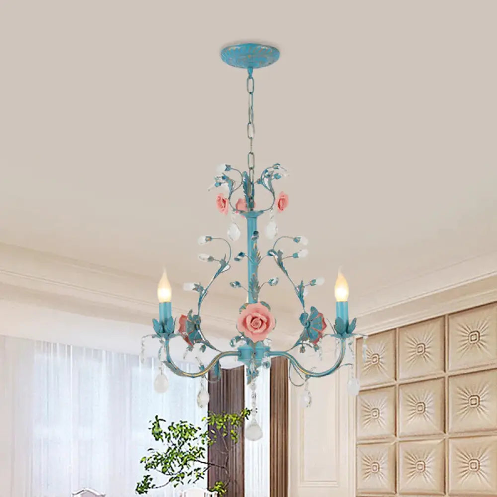 Blue Candelabra Ceiling Chandelier American Flower Iron 3/6 Heads Dining Room Pendant Light Fixture