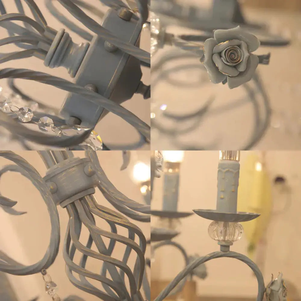 Blue Candelabra Hanging Ceiling Light Traditional Metal 12 Lights Living Room Chandelier With