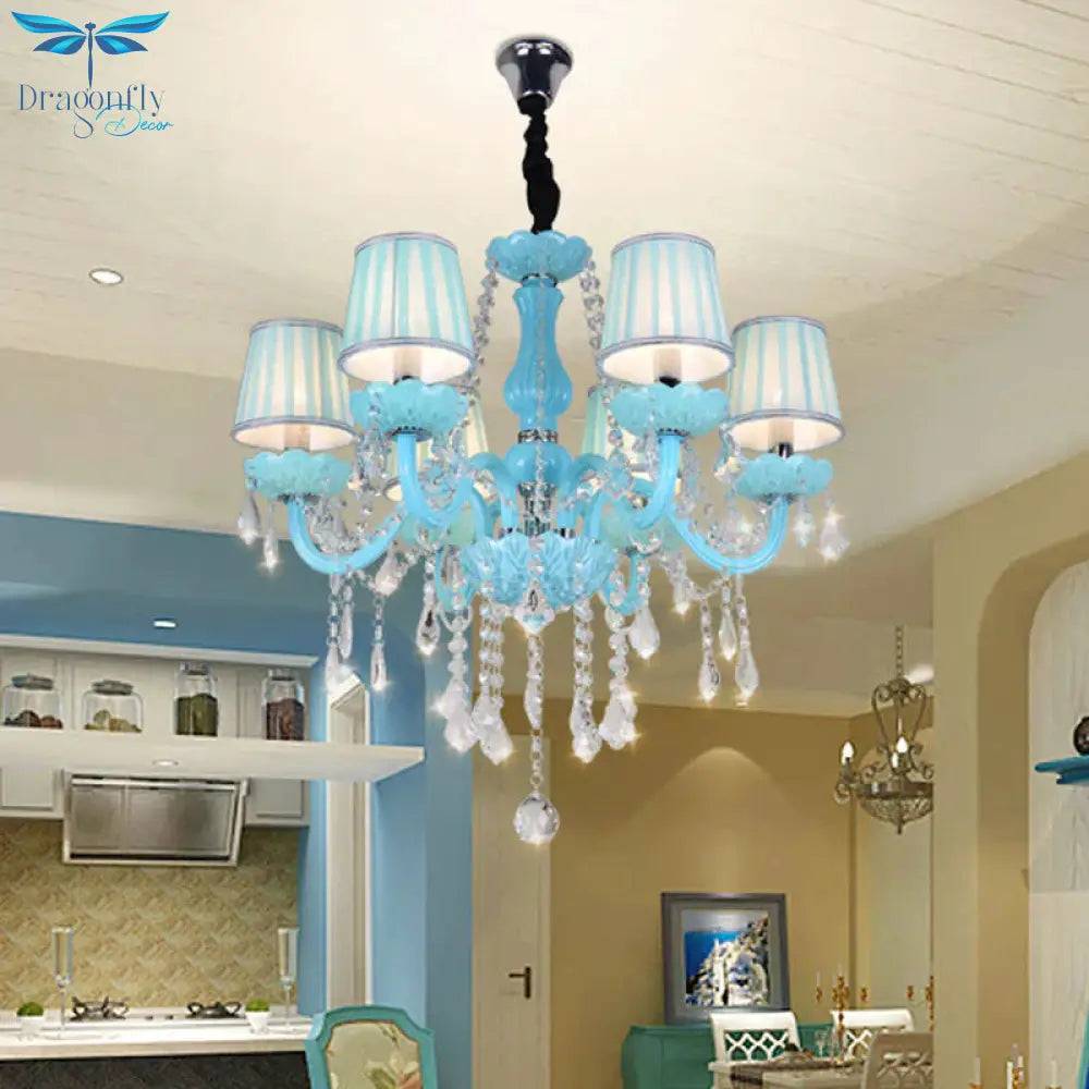 Blue Candle - Style Curved Arm Chandelier Clear Crystal Strands Ceiling Light