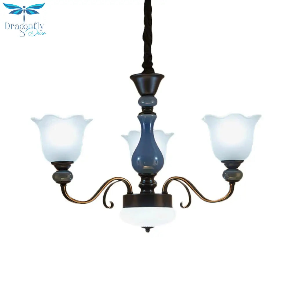 Blue Floral Shape Hanging Chandelier Countryside Milk Glass 3 Bulbs Dining Room Pendant Light Kit