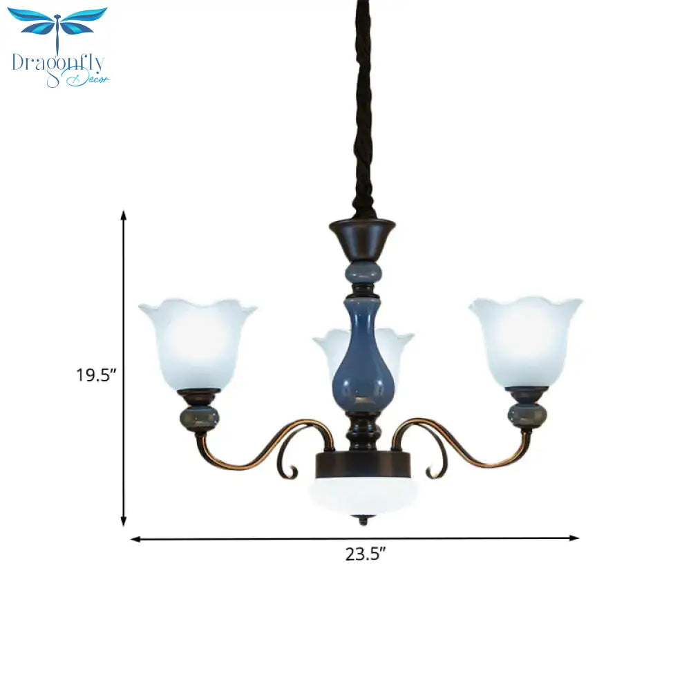 Blue Floral Shape Hanging Chandelier Countryside Milk Glass 3 Bulbs Dining Room Pendant Light Kit