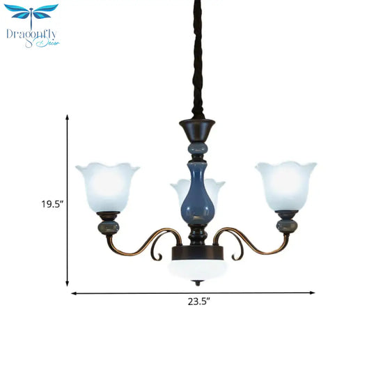 Blue Floral Shape Hanging Chandelier Countryside Milk Glass 3 Bulbs Dining Room Pendant Light Kit