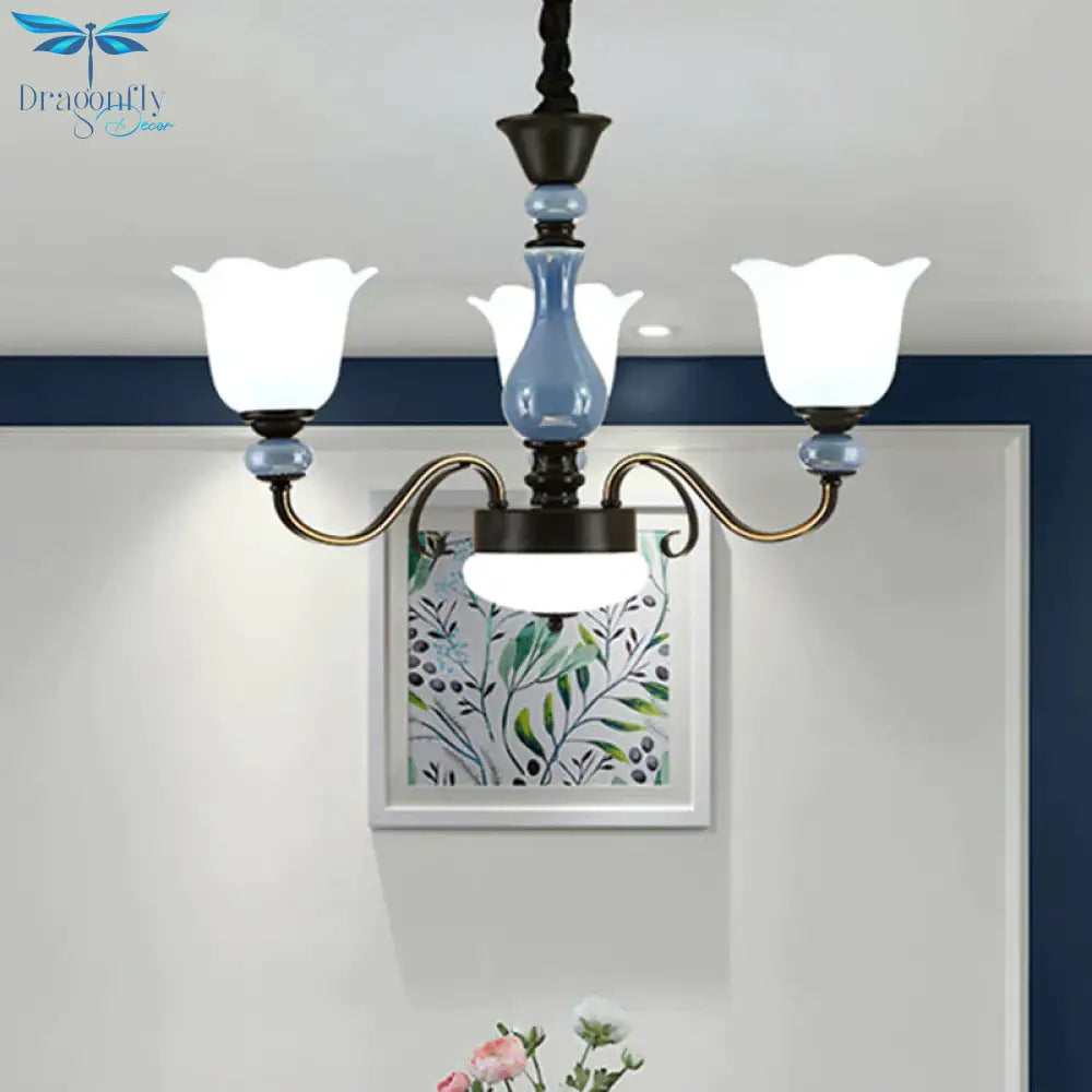 Blue Floral Shape Hanging Chandelier Countryside Milk Glass 3 Bulbs Dining Room Pendant Light Kit