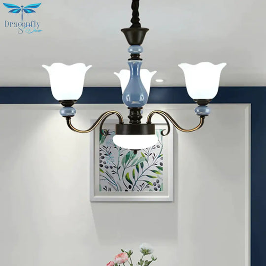 Blue Floral Shape Hanging Chandelier Countryside Milk Glass 3 Bulbs Dining Room Pendant Light Kit