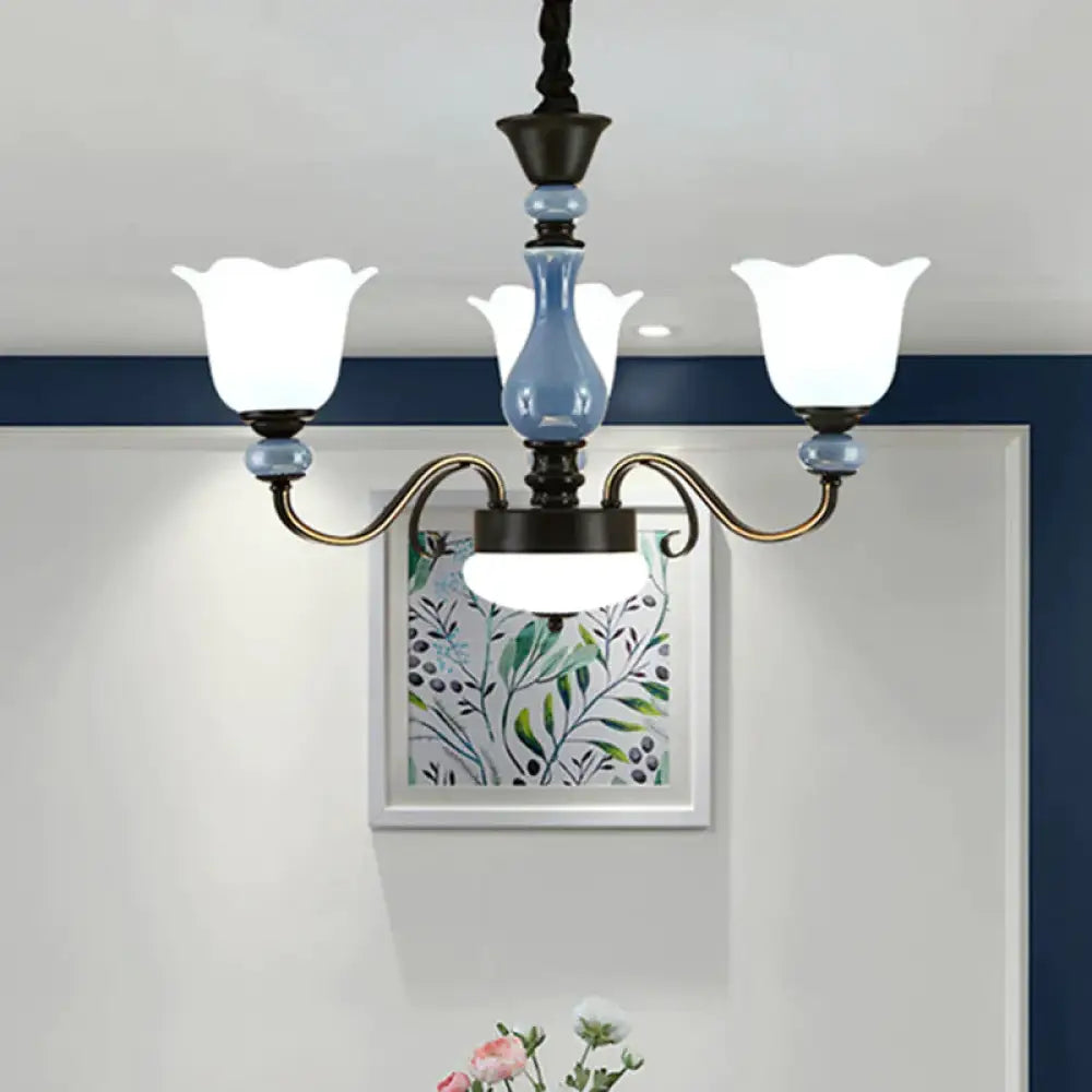 Blue Floral Shape Hanging Chandelier Countryside Milk Glass 3 Bulbs Dining Room Pendant Light Kit