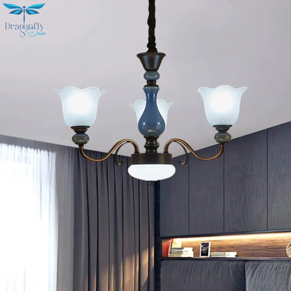 Blue Floral Shape Hanging Chandelier Countryside Milk Glass 3 Bulbs Dining Room Pendant Light Kit