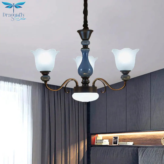 Blue Floral Shape Hanging Chandelier Countryside Milk Glass 3 Bulbs Dining Room Pendant Light Kit
