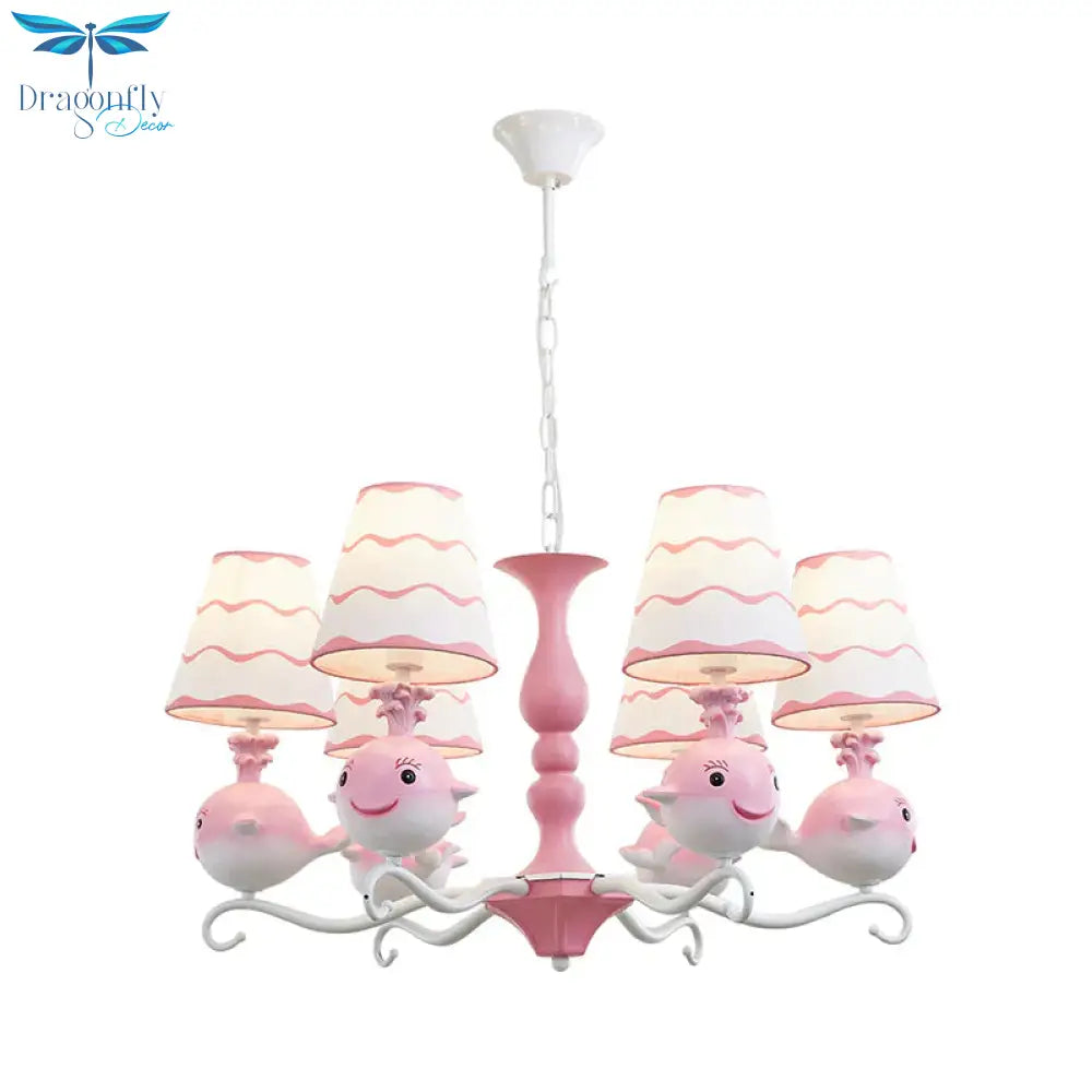 Blue/Pink Whale Shaped Chandelier Light Cartoon 6 Heads Resin Radial Pendant Lamp Fixture With Cone