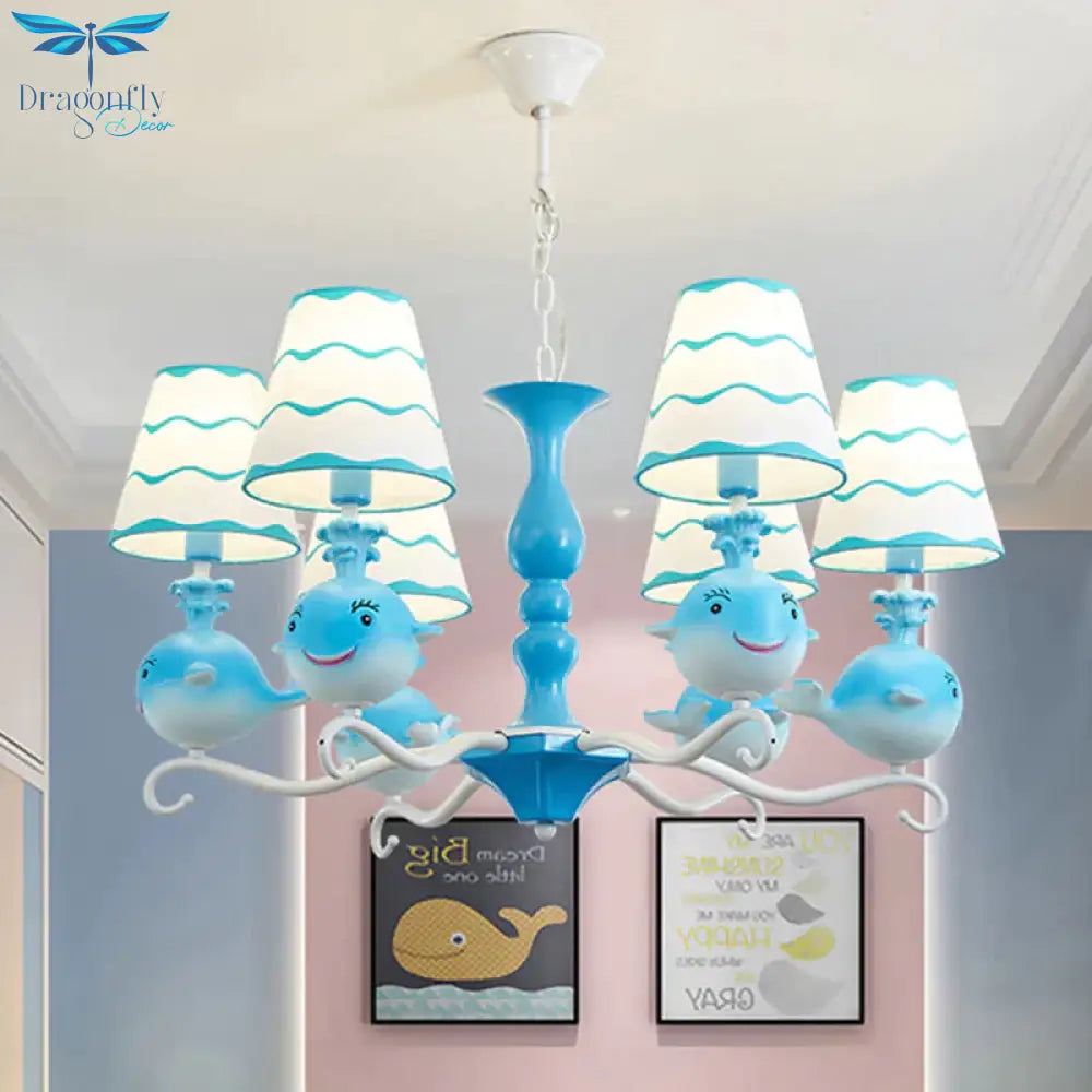 Blue/Pink Whale Shaped Chandelier Light Cartoon 6 Heads Resin Radial Pendant Lamp Fixture With Cone