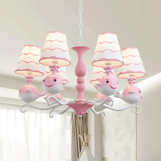 Blue/Pink Whale Shaped Chandelier Light Cartoon 6 Heads Resin Radial Pendant Lamp Fixture With Cone