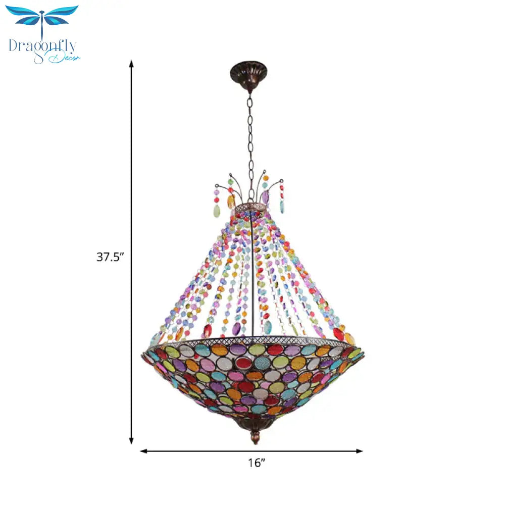 Bohemia Antique Copper Pendant Lighting With Bowl Shade 1/3/5 - Bulb Crystal Ceiling Hanging Light