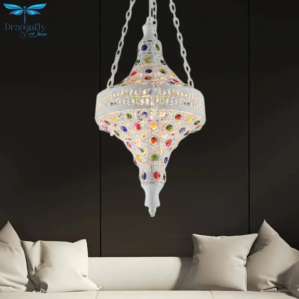 Bohemian Hollow Hanging Light 1 Bulb Metal Drop Pendant In White For Living Room