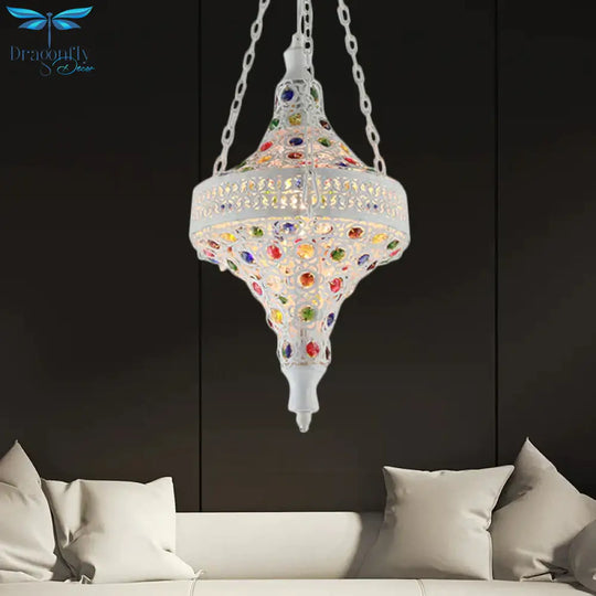 Bohemian Hollow Hanging Light 1 Bulb Metal Drop Pendant In White For Living Room