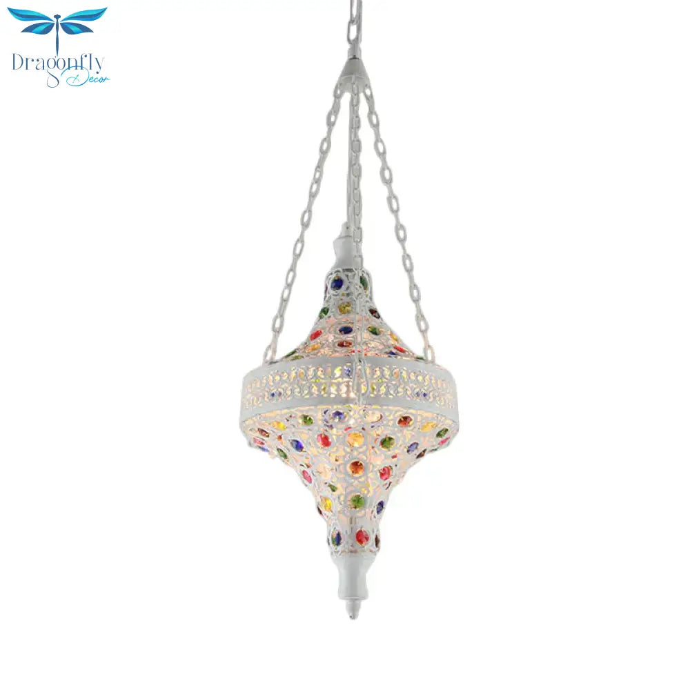 Bohemian Hollow Hanging Light 1 Bulb Metal Drop Pendant In White For Living Room