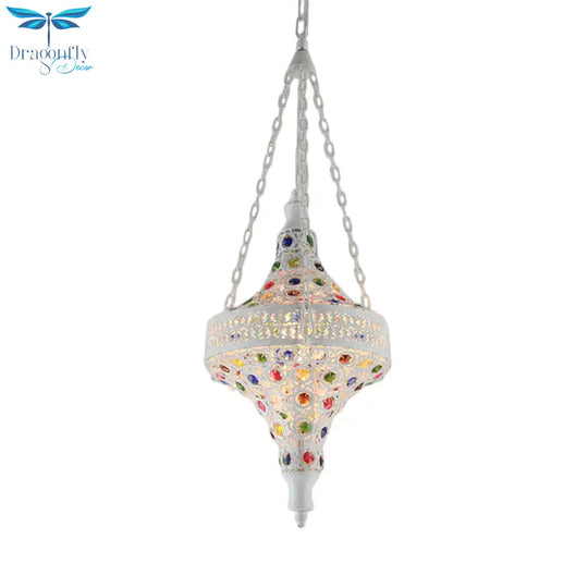 Bohemian Hollow Hanging Light 1 Bulb Metal Drop Pendant In White For Living Room