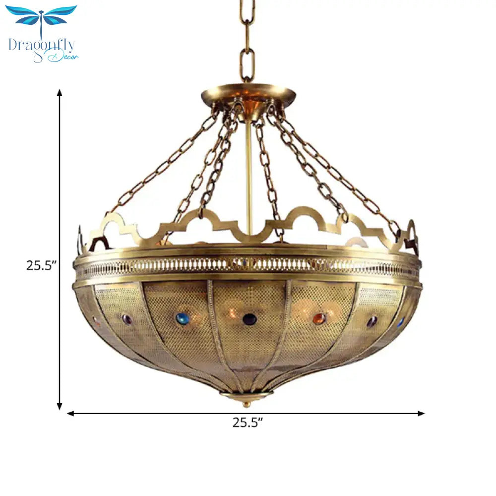 Bowl Bedroom Chandelier Lighting Arab Metal 6 Bulbs Brass Hanging Ceiling Light With Bead Decor
