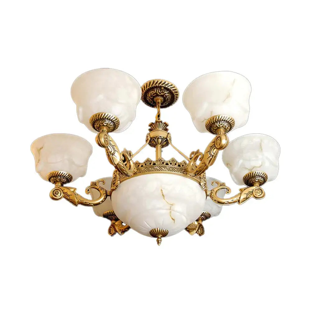 Bowl Dining Room Drop Lamp Antiqued White Glass 9 - Light Brass Chandelier Light Fixture