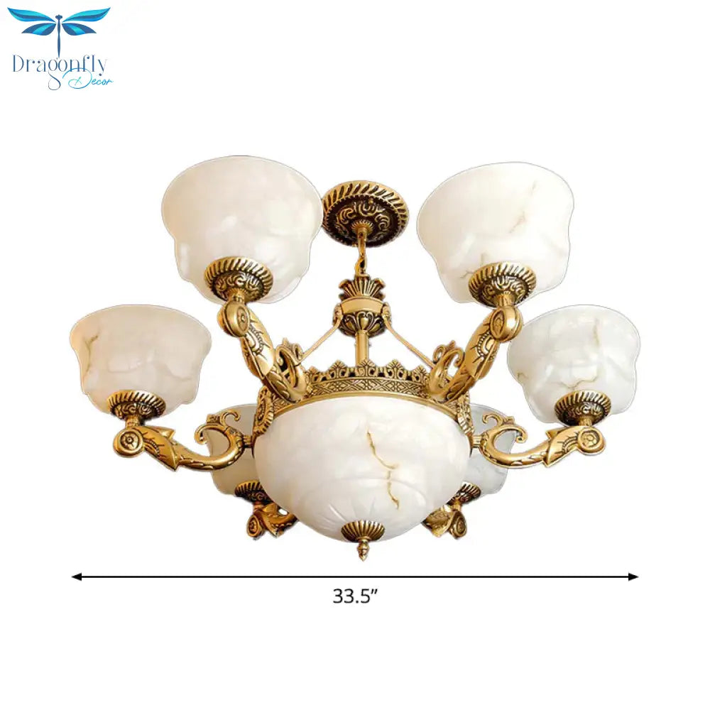 Bowl Dining Room Drop Lamp Antiqued White Glass 9 - Light Brass Chandelier Light Fixture