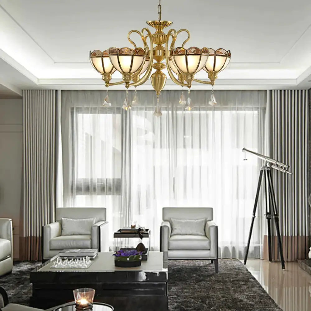 Bowl Frosted Glass Suspension Pendant Colonial 6 Bulbs Living Room Chandelier Lighting In Gold