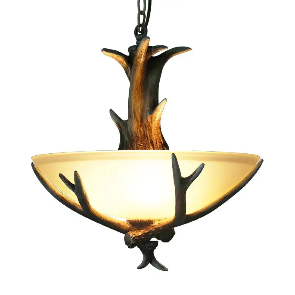 Bowl Frosted White Glass Drop Lamp Rustic 3 - Light Dining Room Antler Pendant Chandelier In Brown