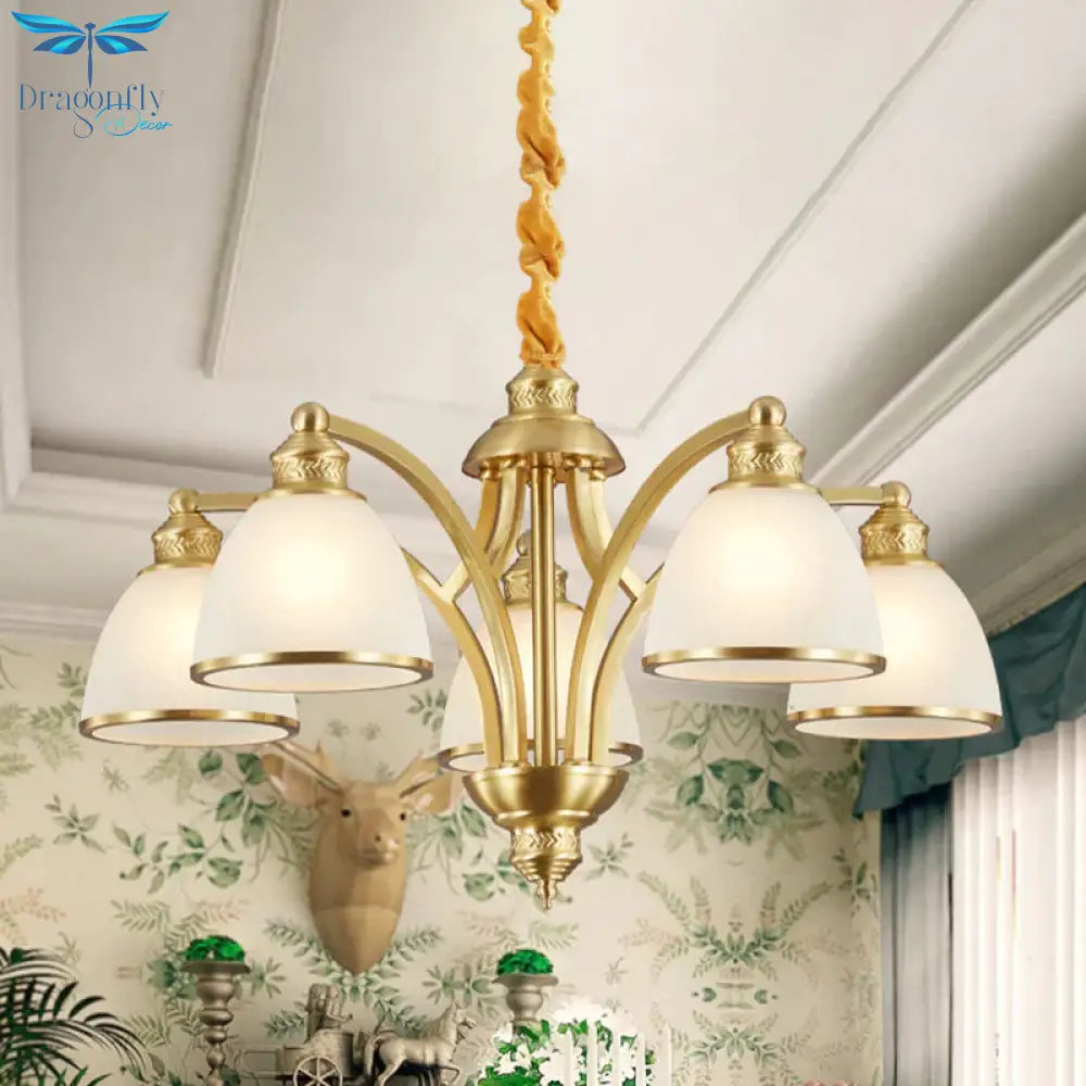 Bowl Ivory Glass Chandelier Lamp Colonial 3/5/8 Bulbs Living Room Down Lighting Pendant In Gold