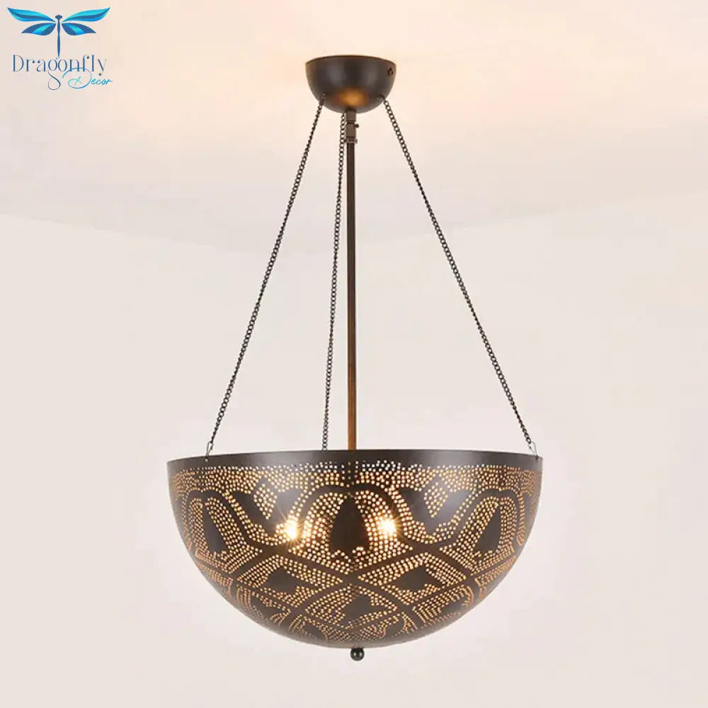 Bowl Restaurant Chandelier Vintage Metal 3 - Light Black Hanging Ceiling Lamp With Hollow - Out