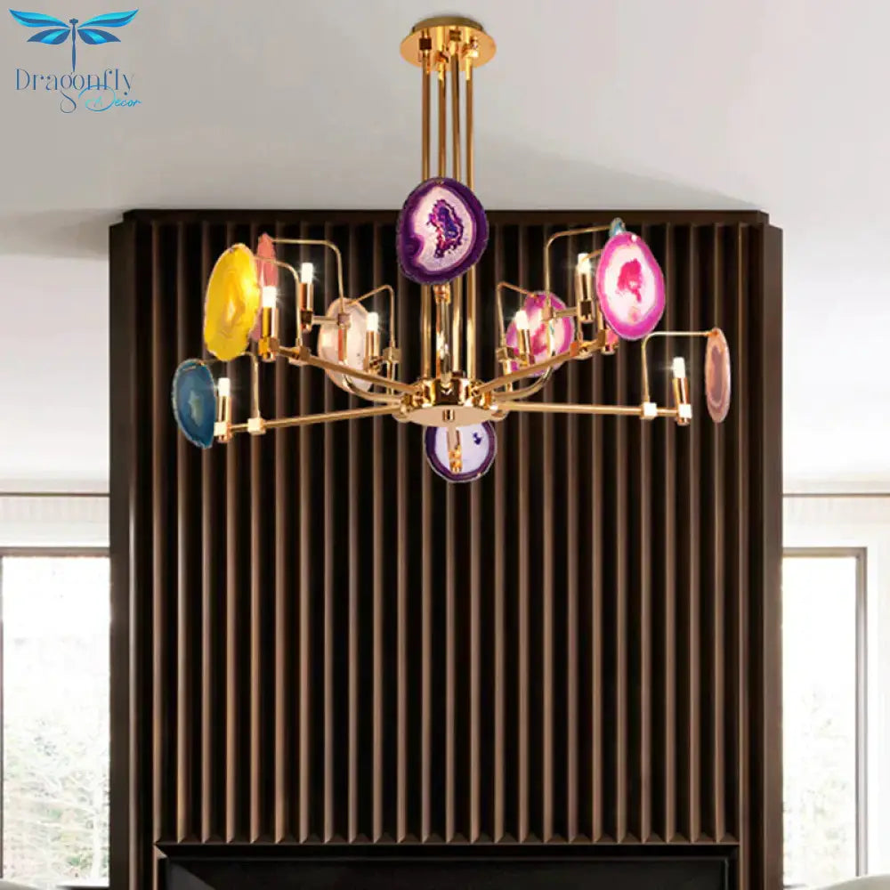 Branch Metal Ceiling Lighting Fixture Modern 6/8/10 - Head Gold Up Chandelier Pendant With Agates