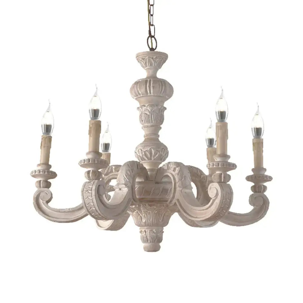 Branch Pendant Chandelier Traditional Wood 6 Bulbs White Hanging Lamp For Bedroom