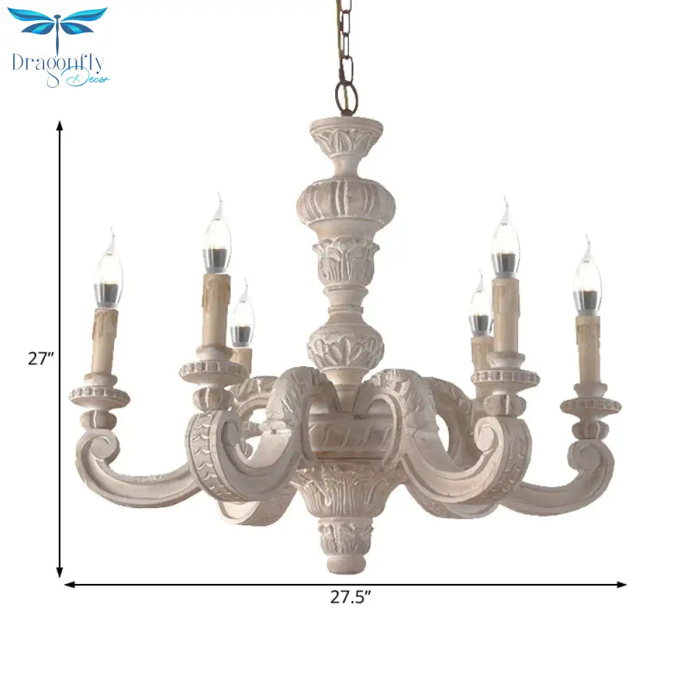 Branch Pendant Chandelier Traditional Wood 6 Bulbs White Hanging Lamp For Bedroom