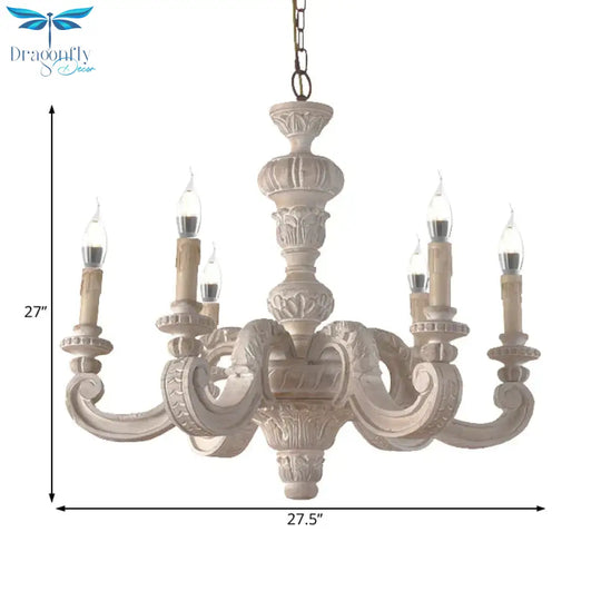 Branch Pendant Chandelier Traditional Wood 6 Bulbs White Hanging Lamp For Bedroom