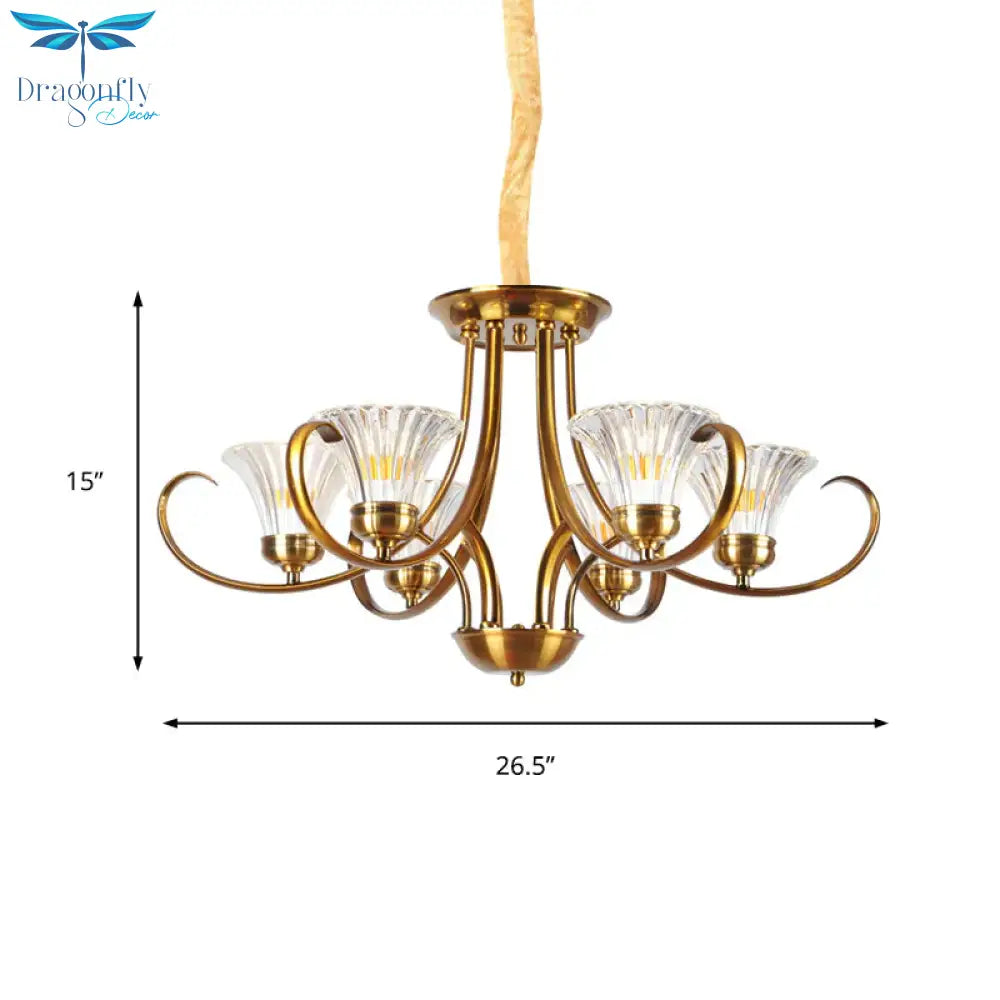 Brass 3/6 Lights Chandelier Light Fixture Classic Clear Ribbed Glass Scroll Pendant Lamp With Bell
