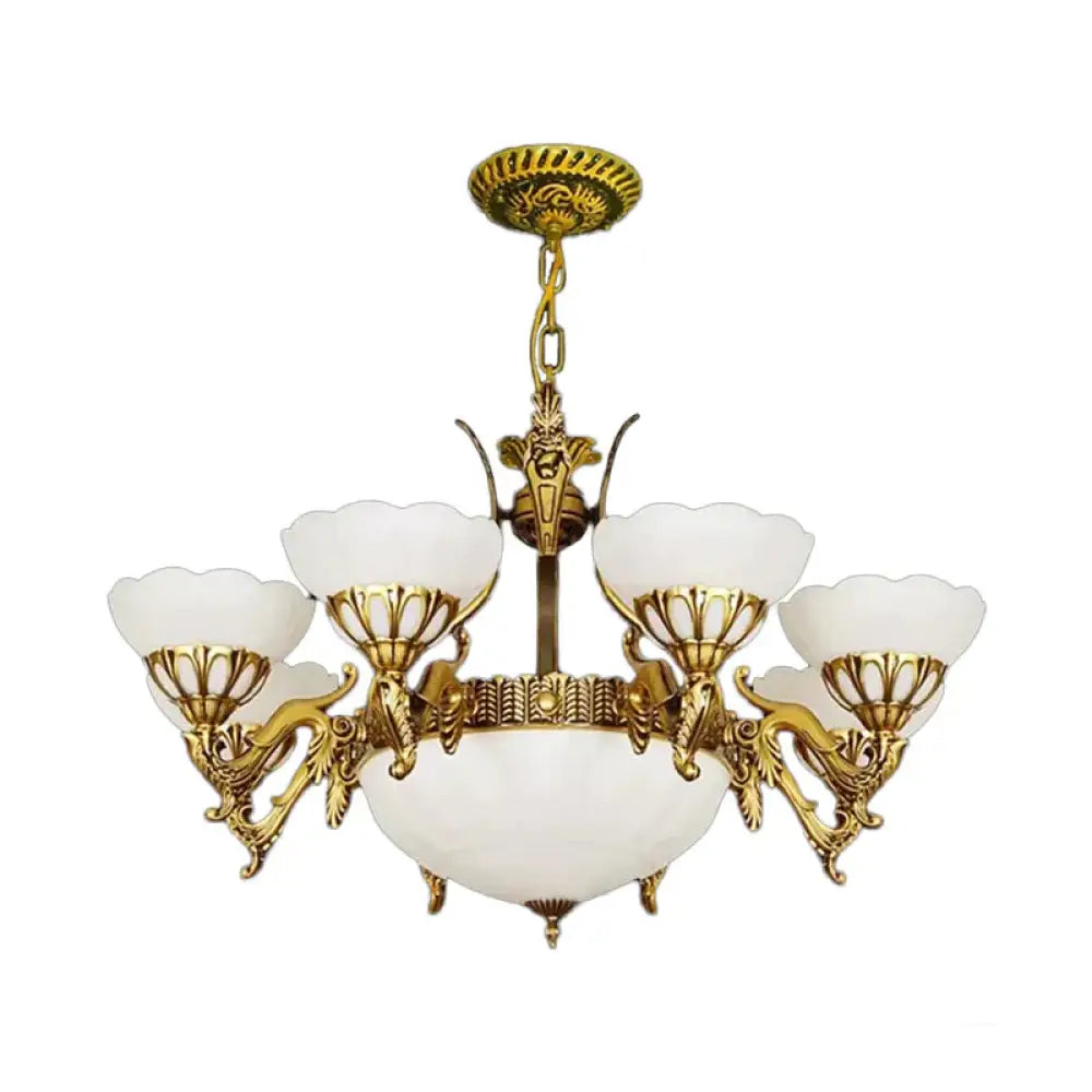 Brass 9 Lights Hanging Light Kit Traditional Milk Glass Scalloped Chandelier For Living Room