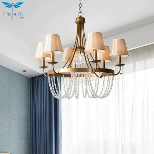 Brass Armed Hanging Chandelier Traditional 6 Heads Metal Pendant Light Fixture With Cone Fabric