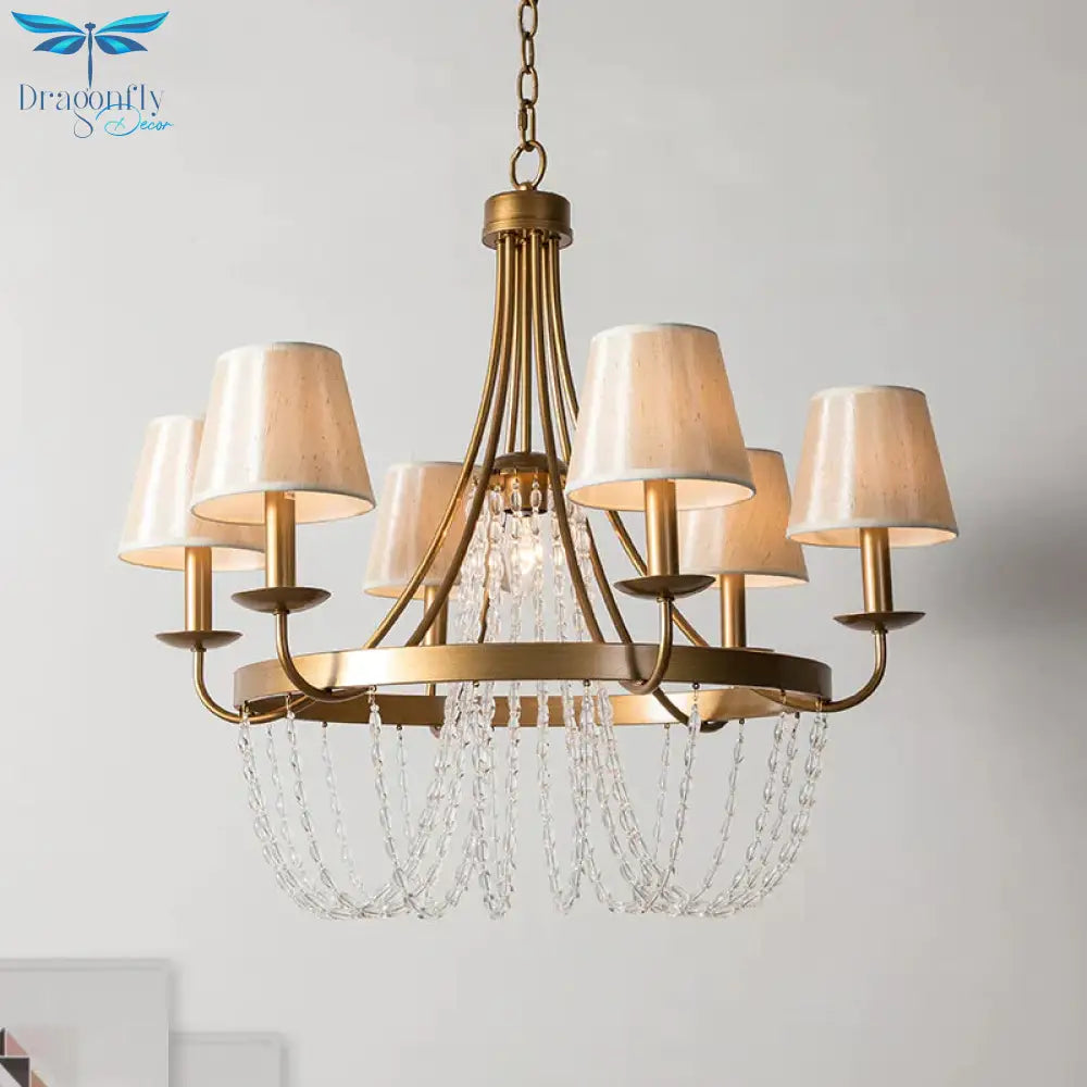 Brass Armed Hanging Chandelier Traditional 6 Heads Metal Pendant Light Fixture With Cone Fabric