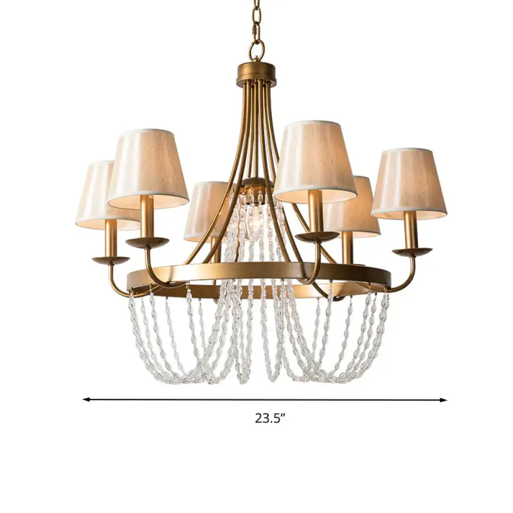 Brass Armed Hanging Chandelier Traditional 6 Heads Metal Pendant Light Fixture With Cone Fabric