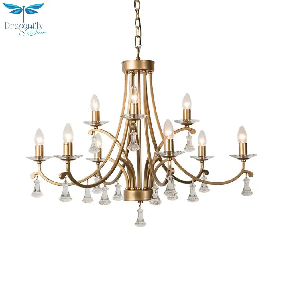 Brass Curvy Chandelier Pendant Light Rural Crystal 6/9 Lights Living Room Suspension Lighting