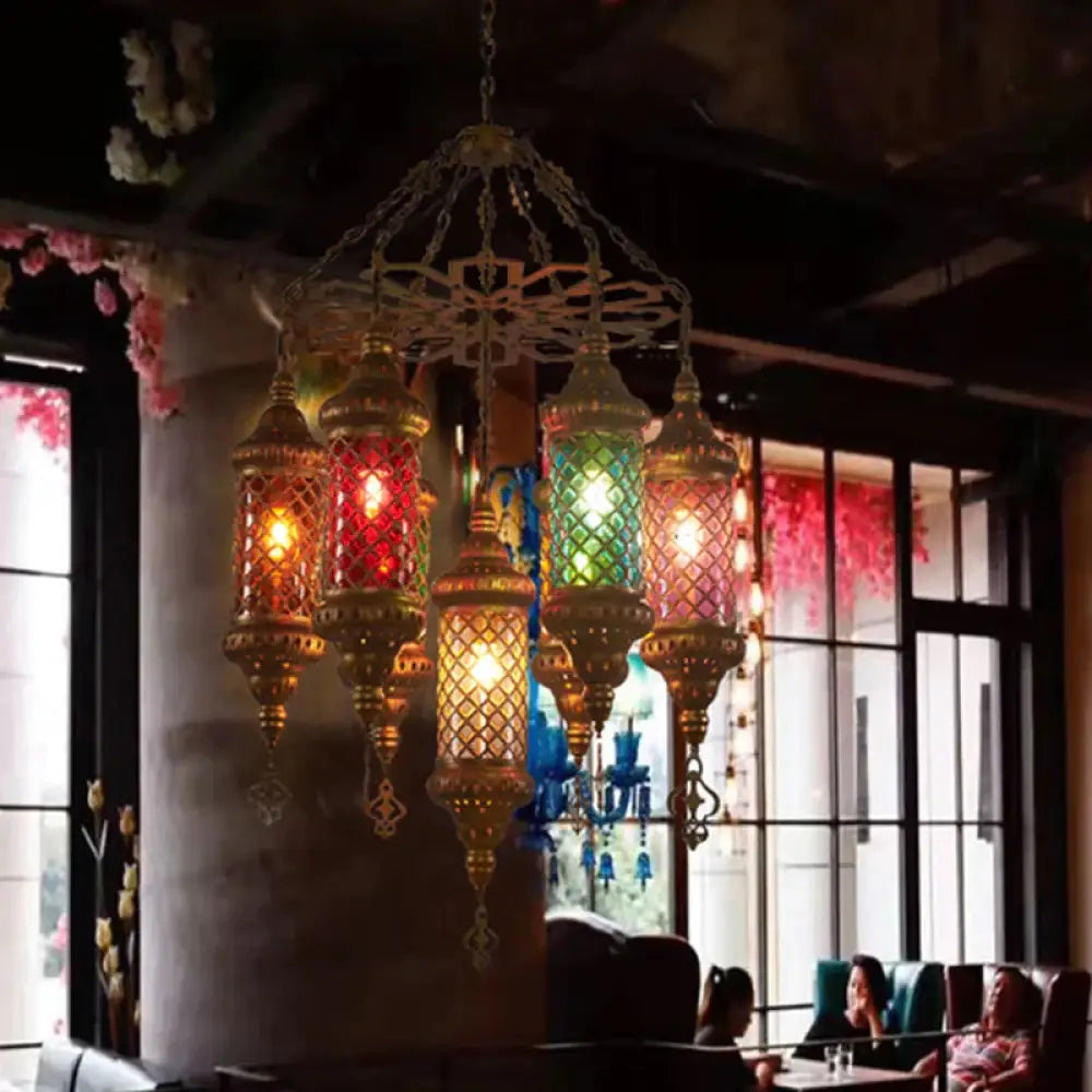 Brass Cylinder Pendant Lighting Industrial Stained Glass 7 Bulbs Restaurant Ceiling Chandelier