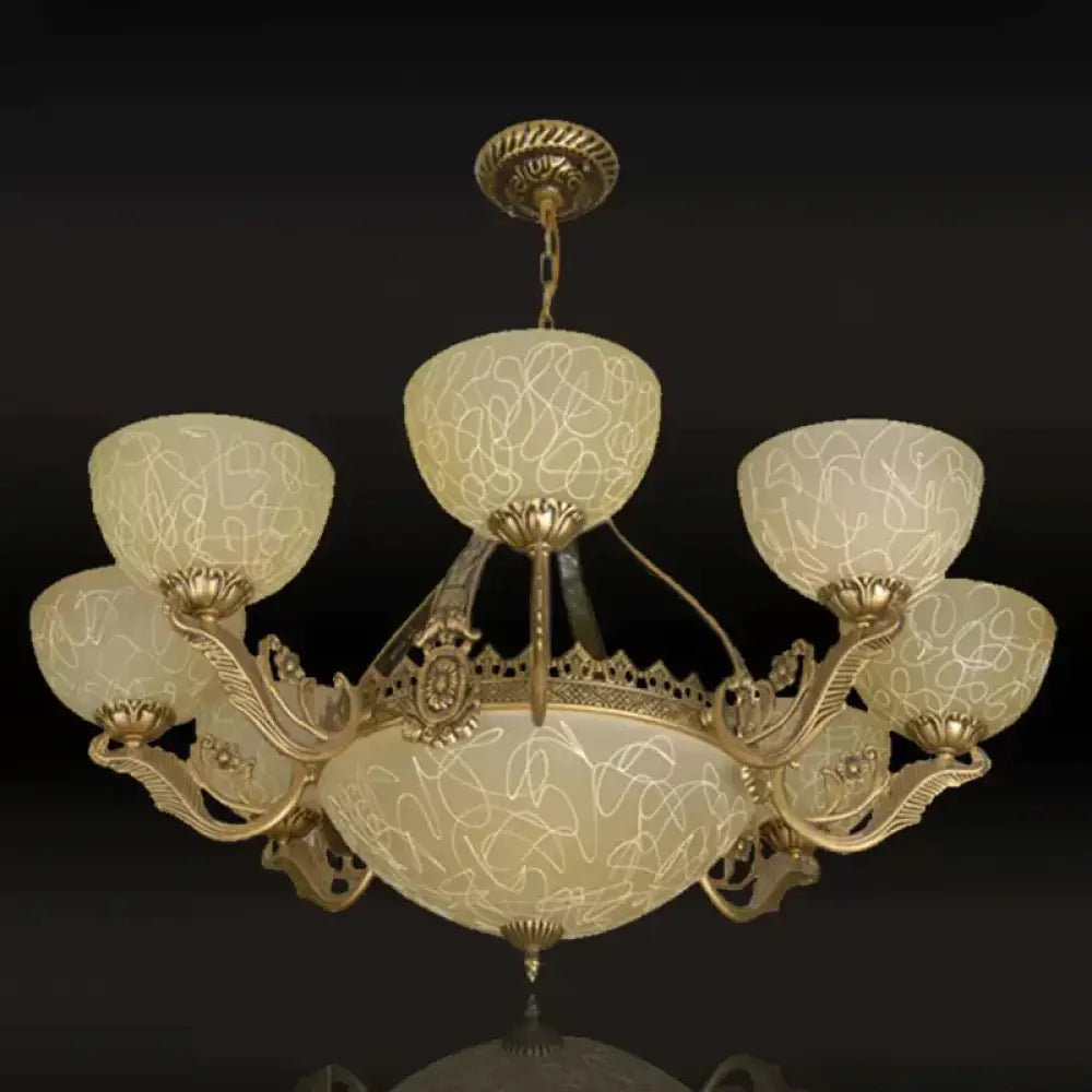 Brass Finish 11 - Head Chandelier Traditional Frosted Glass Bowl Ceiling Suspension Lamp