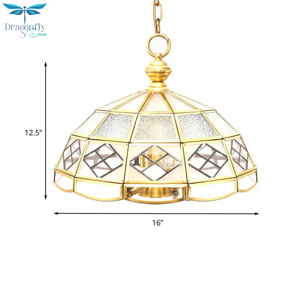 Brass Hemisphere Chandelier Colonial Frosted Glass 4 Bulbs Pendant Light Fixture For Living Room