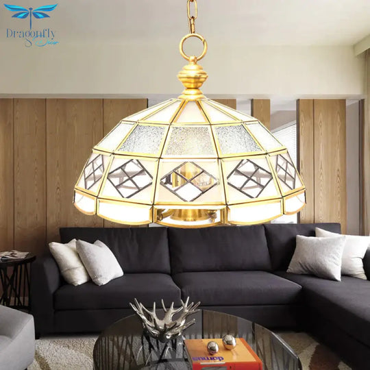 Brass Hemisphere Chandelier Colonial Frosted Glass 4 Bulbs Pendant Light Fixture For Living Room